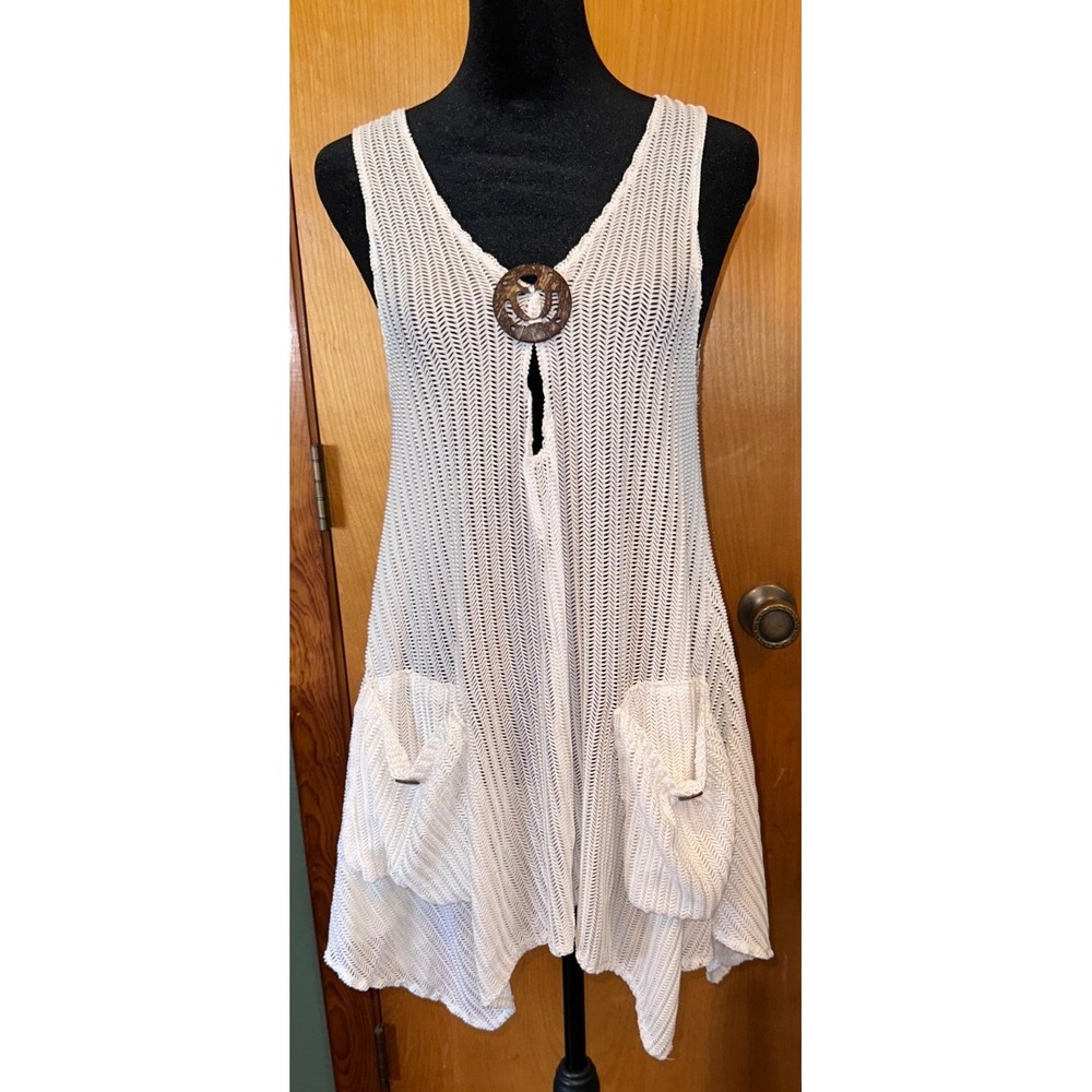 Paradise White Open Knit Sleeveless Tunic Swimsuit Beach Cover Up Dress‎ S/M